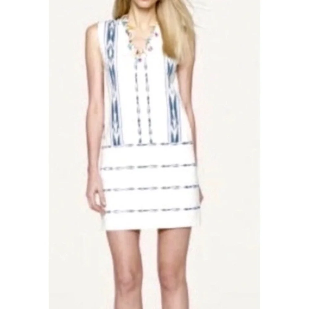 Ralph Lauren White Blue Ikat Stripe Sleeveless V Neck Shift Dress‎ Size 10